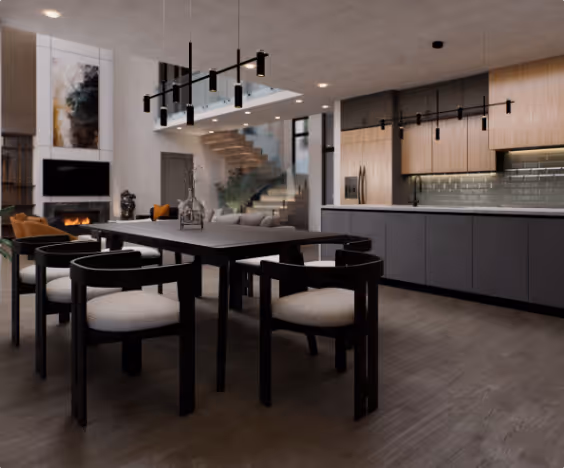 Modern open-concept kitchen and dining area with black dining table, upholstered chairs, wooden cabinetry, and floating stairs in the background.