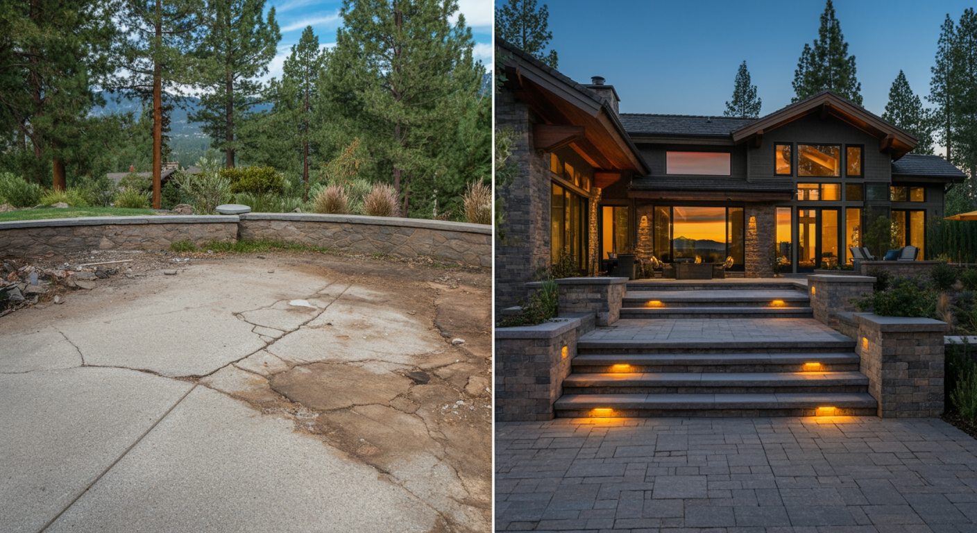 Alpine patio renovation showing freeze-proof base construction at Incline Village Nevada with correct aggregate depth versus failed shallow base