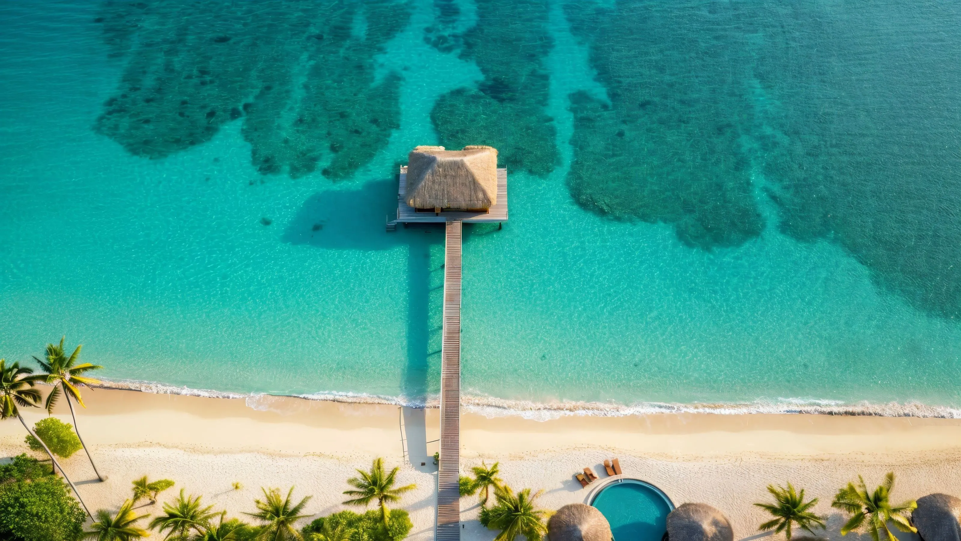 An aerial view of a tropical beach with a hut.