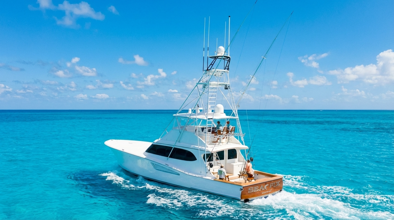 White fishing yacht named SEAC FIX cruising on clear turquoise ocean under a blue sky with a few clouds.