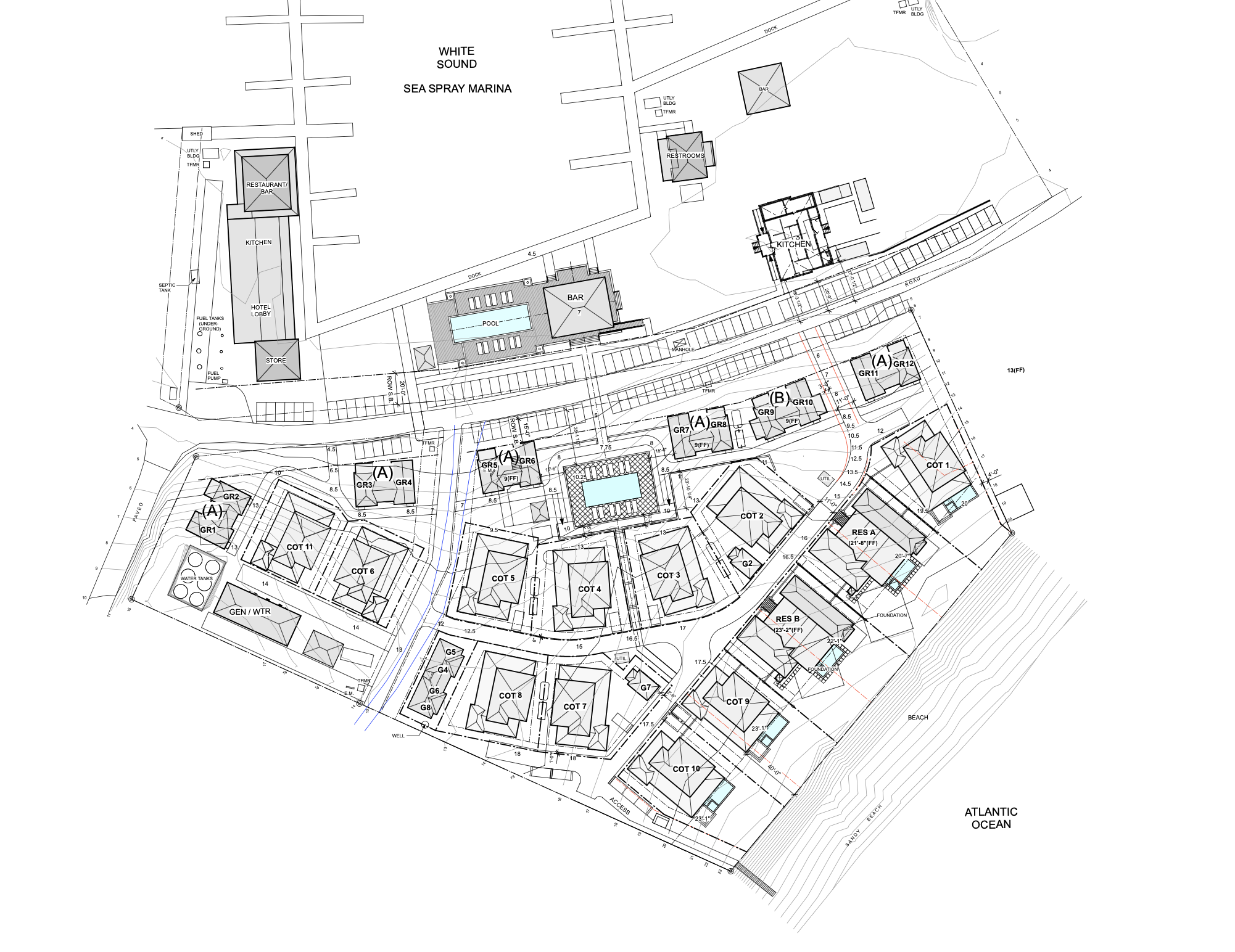 Detailed site plan showing layout of resort buildings, cottages, pools, marina docks, and utility areas between White Sound Sea Spray Marina and the Atlantic Ocean beach.