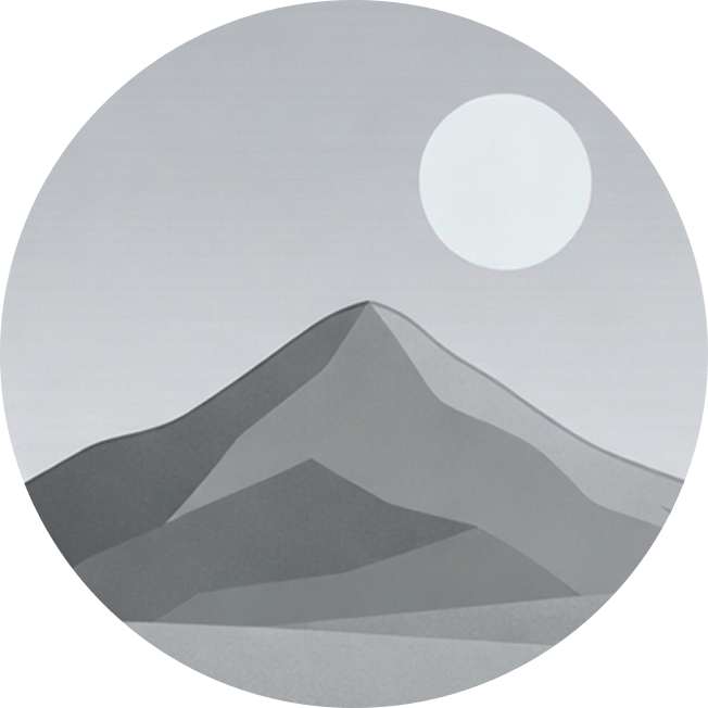 Minimalist grayscale illustration of a mountain with layered slopes and a large sun or moon in the sky.