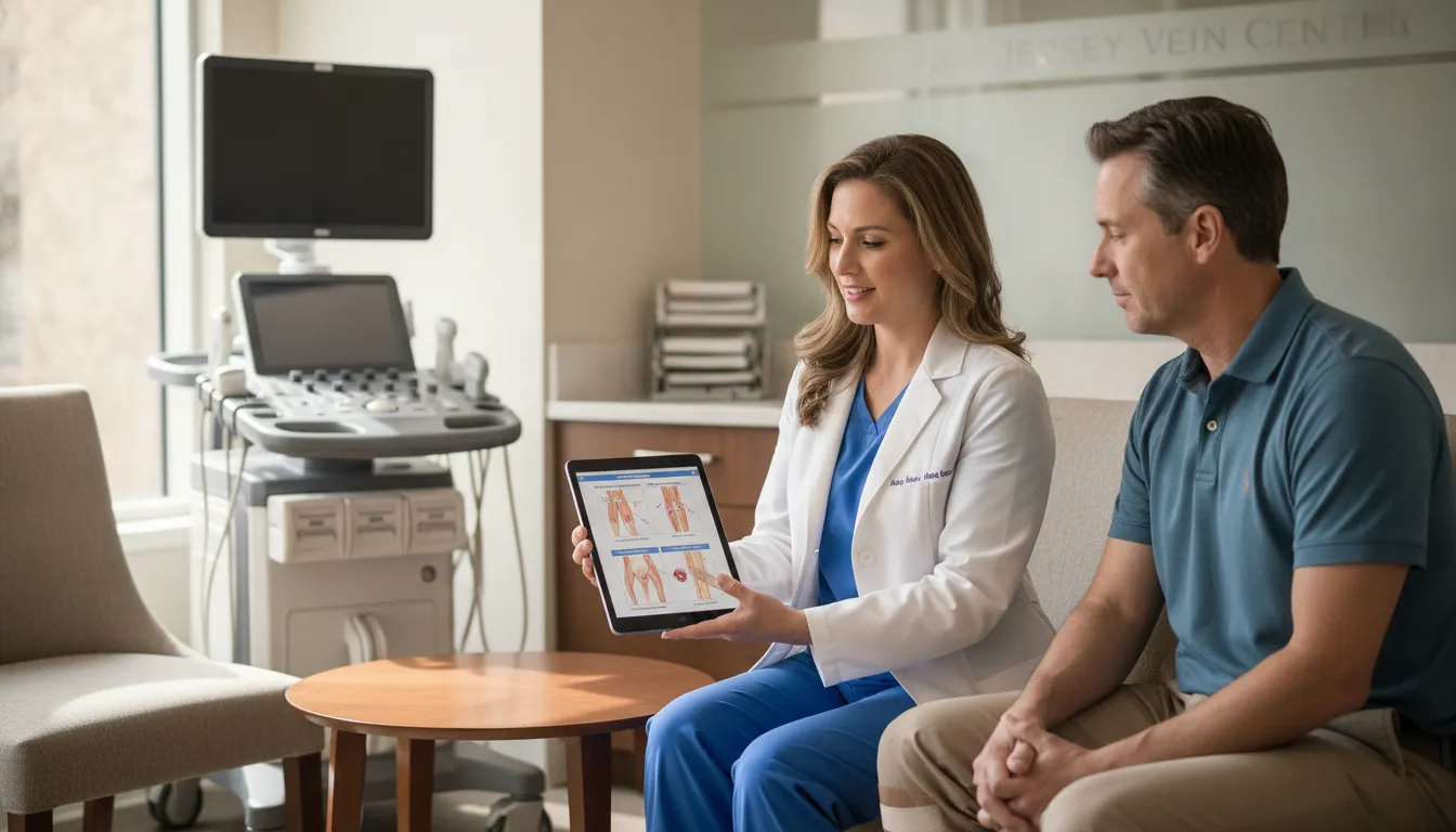 Vein specialist discussing Varithena vs sclerotherapy during a consultation