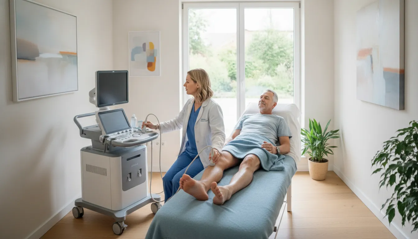 Patient receiving a leg circulation ultrasound evaluation