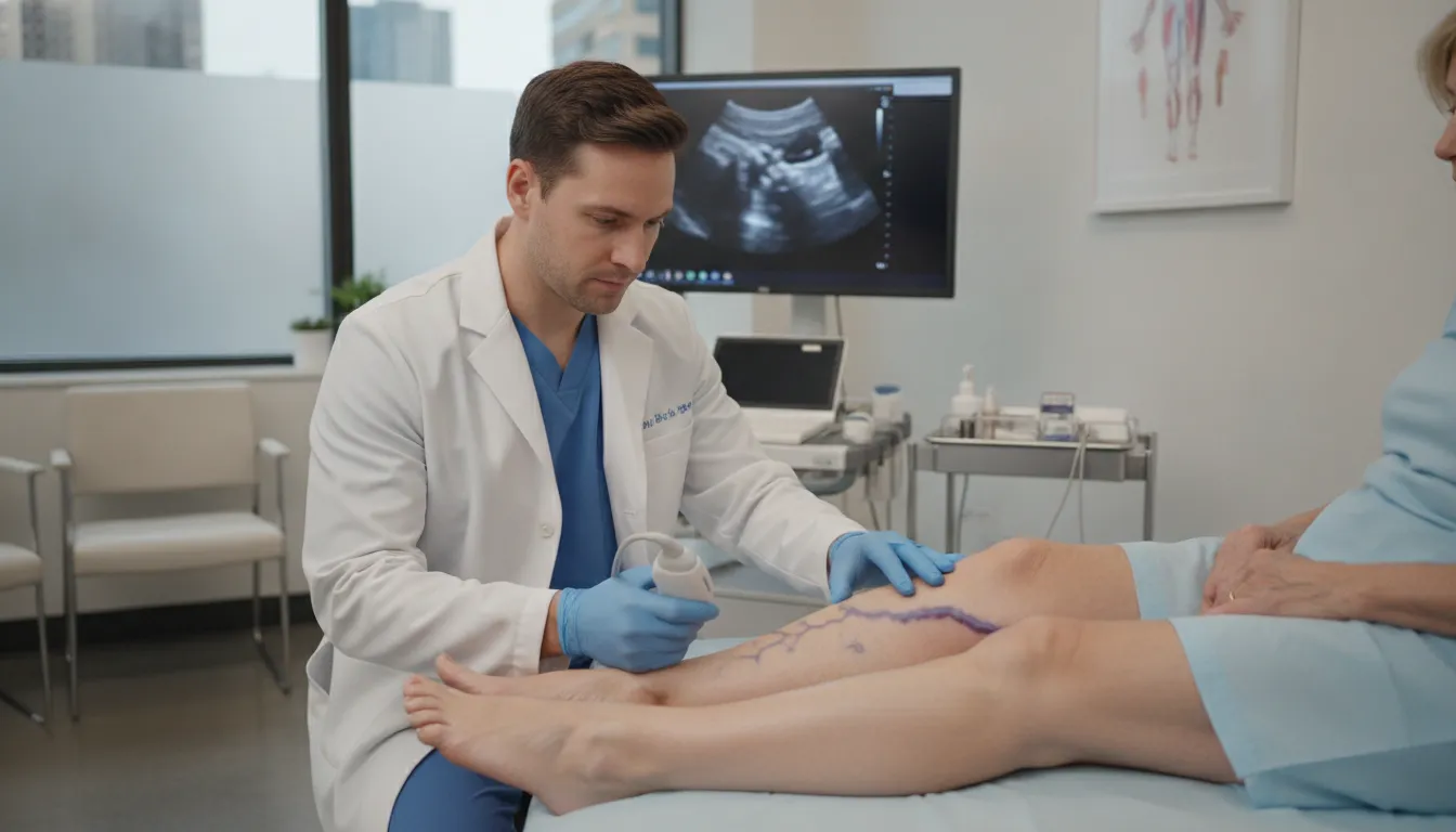 Vein specialist examining a patient's legs during a consultation at NJ Vein Specialists