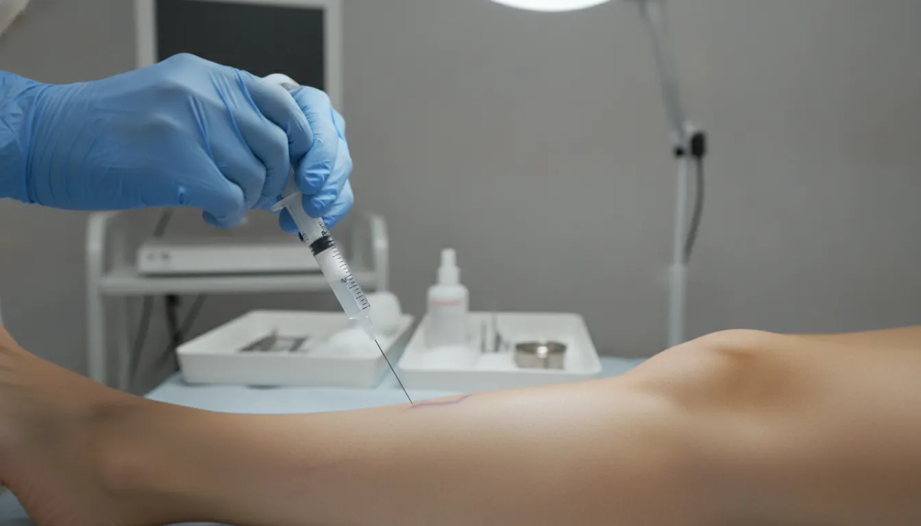 A vein specialist performing a sclerotherapy injection on a patient's leg in a clean medical office