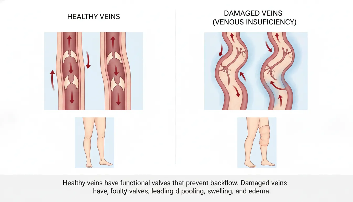 Medical diagram comparing healthy leg vein valves to damaged valves causing blood pooling and edema in legs
