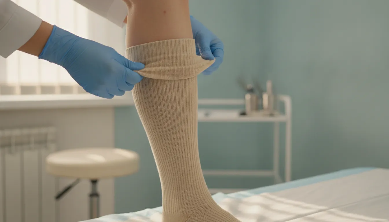 Medical professional fitting a graduated compression stocking on a patient's leg during a venous insufficiency treatment consultation