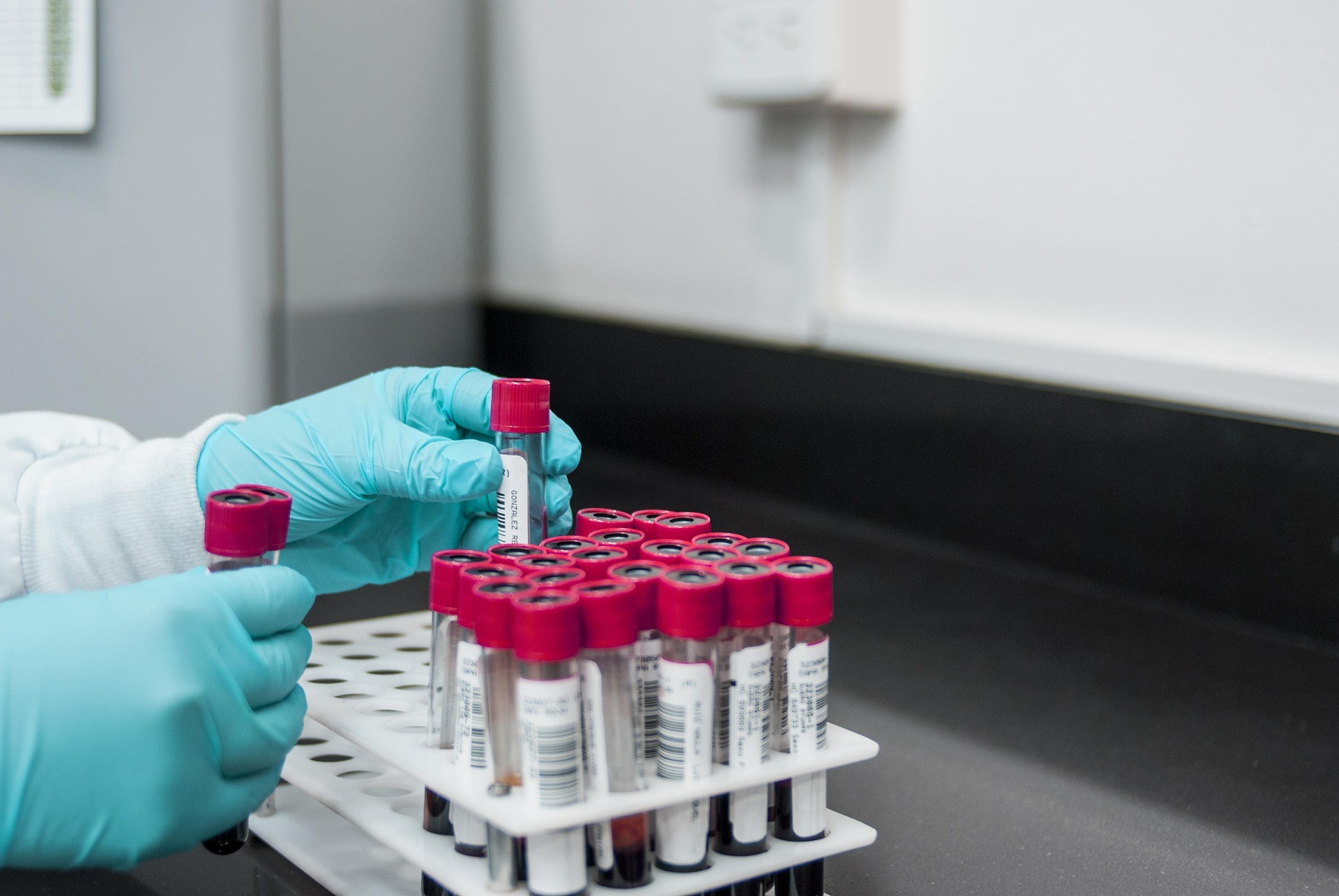 Laboratory technician wearing blue gloves handling blood sample tubes with red caps in a white rack on a black countertop.