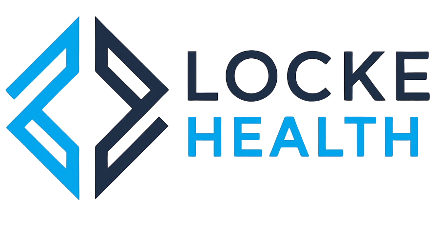 Locke Health logo with a blue and dark geometric design on the left.
