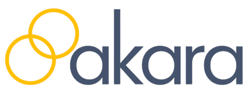 Akara company logo featuring two interlocking yellow rings to the left of the word 'akara' in lowercase gray-blue letters.