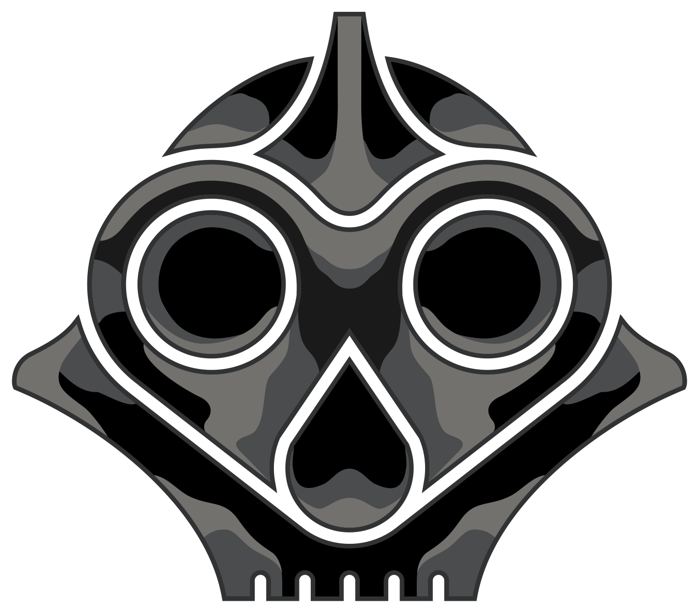 Stylized grayscale skull with large round eye sockets and a heart-shaped nose on a black background.