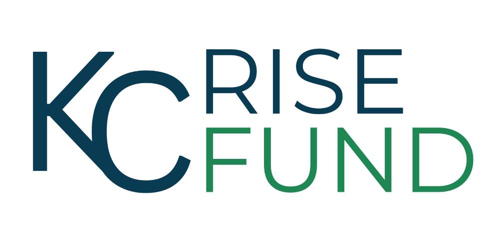 KC Rise Fund logo with 'KC' in dark blue and 'RISE FUND' in uppercase letters, 'RISE' in dark blue and 'FUND' in green.