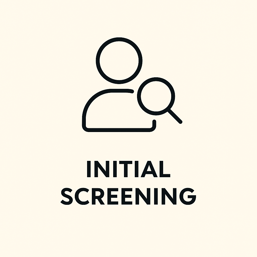 Icon of a person with a magnifying glass next to them above the text 'Initial Screening' on a beige background.