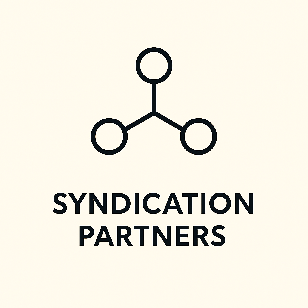 Icon with three connected circles above the word 'SYNDICATION PARTNERS' on a beige background.