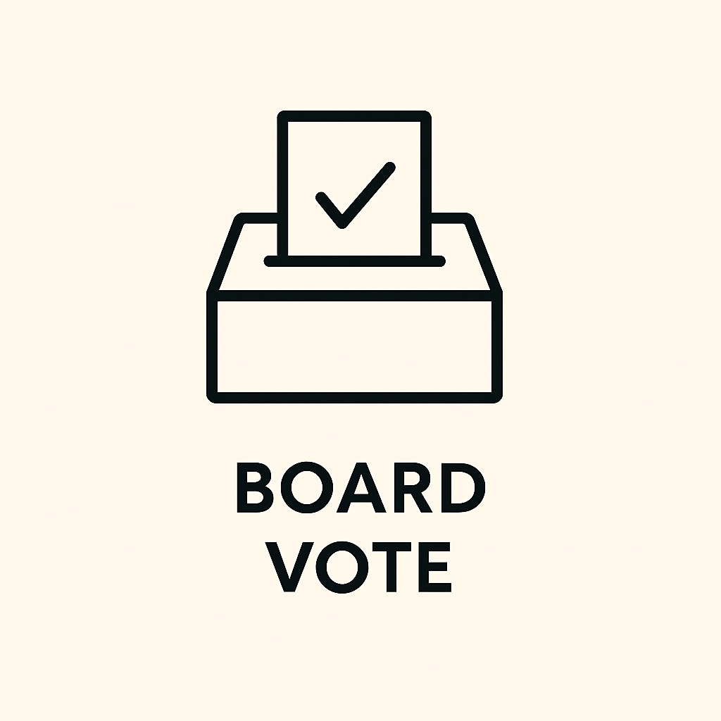 Icon of a ballot box with a paper featuring a checkmark being inserted above the words 'Board Vote' on a beige background.