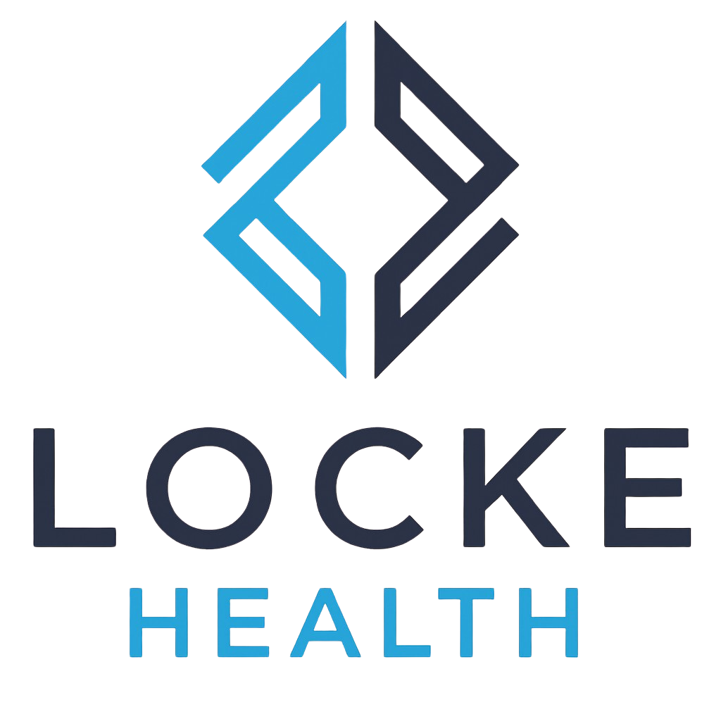 Locke Health logo with a blue and dark gray abstract geometric design above the text 'LOCKE HEALTH'.