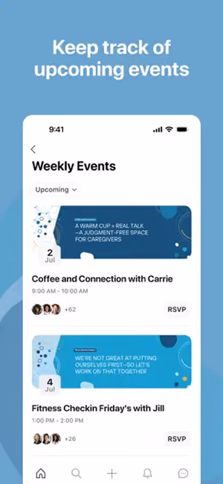 Mobile app screen showing a Weekly Events list with upcoming events: 'Coffee and Connection with Carrie' on July 2 from 9-10 AM and 'Fitness Checkin Friday's with Jill' on July 4 from 1-2 PM, each with RSVP options.