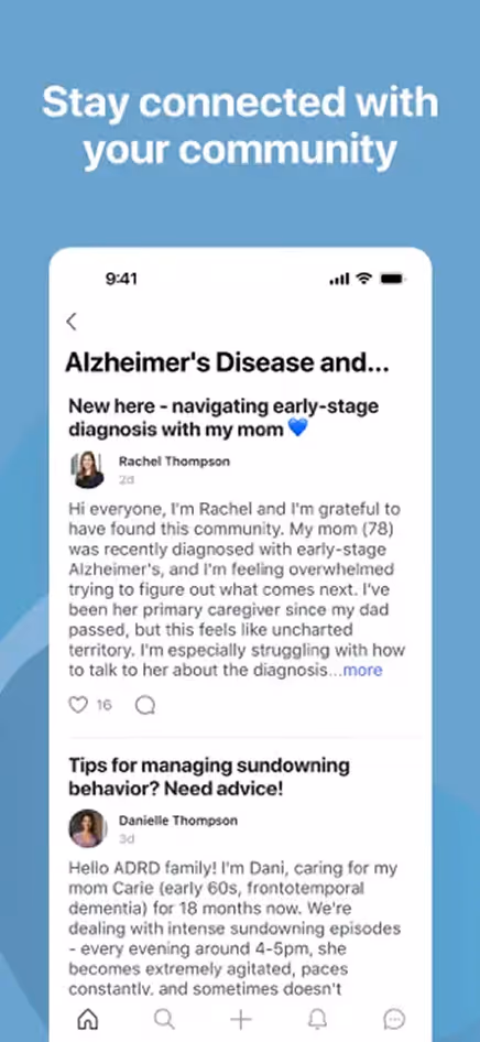 Mobile app screen showing a community forum with posts about Alzheimer's caregiving and managing sundowning behavior.