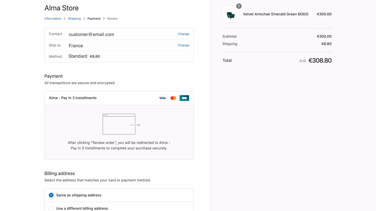 Alma methode de paiement checkout Shopify