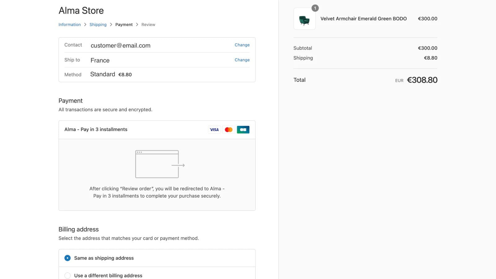 Alma methode de paiement checkout Shopify