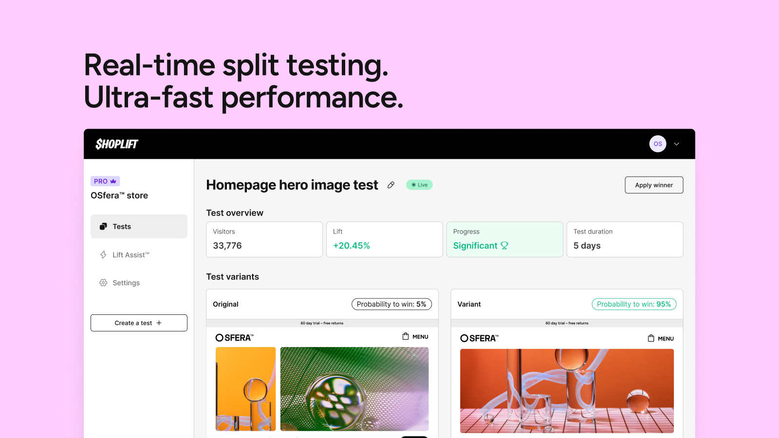 Shoplift split testing AB test Shopify temps reel