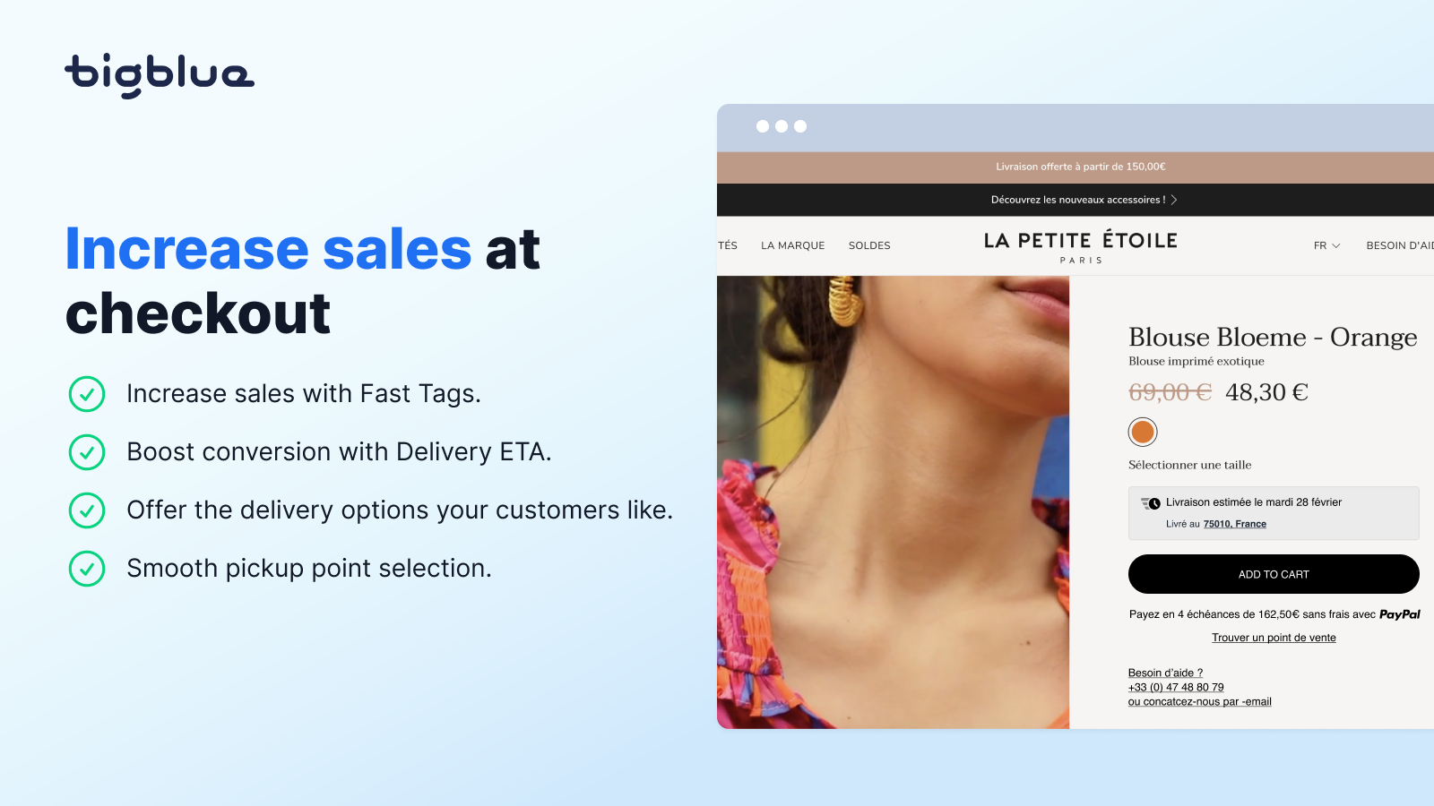 Bigblue checkout livraison date estimee conversion