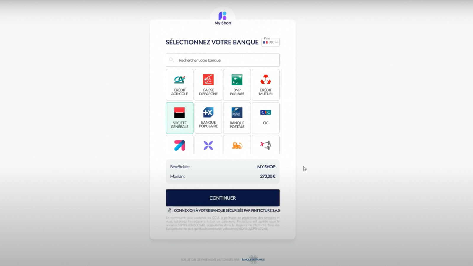 Fintecture - Selection de la banque pour le virement instantane