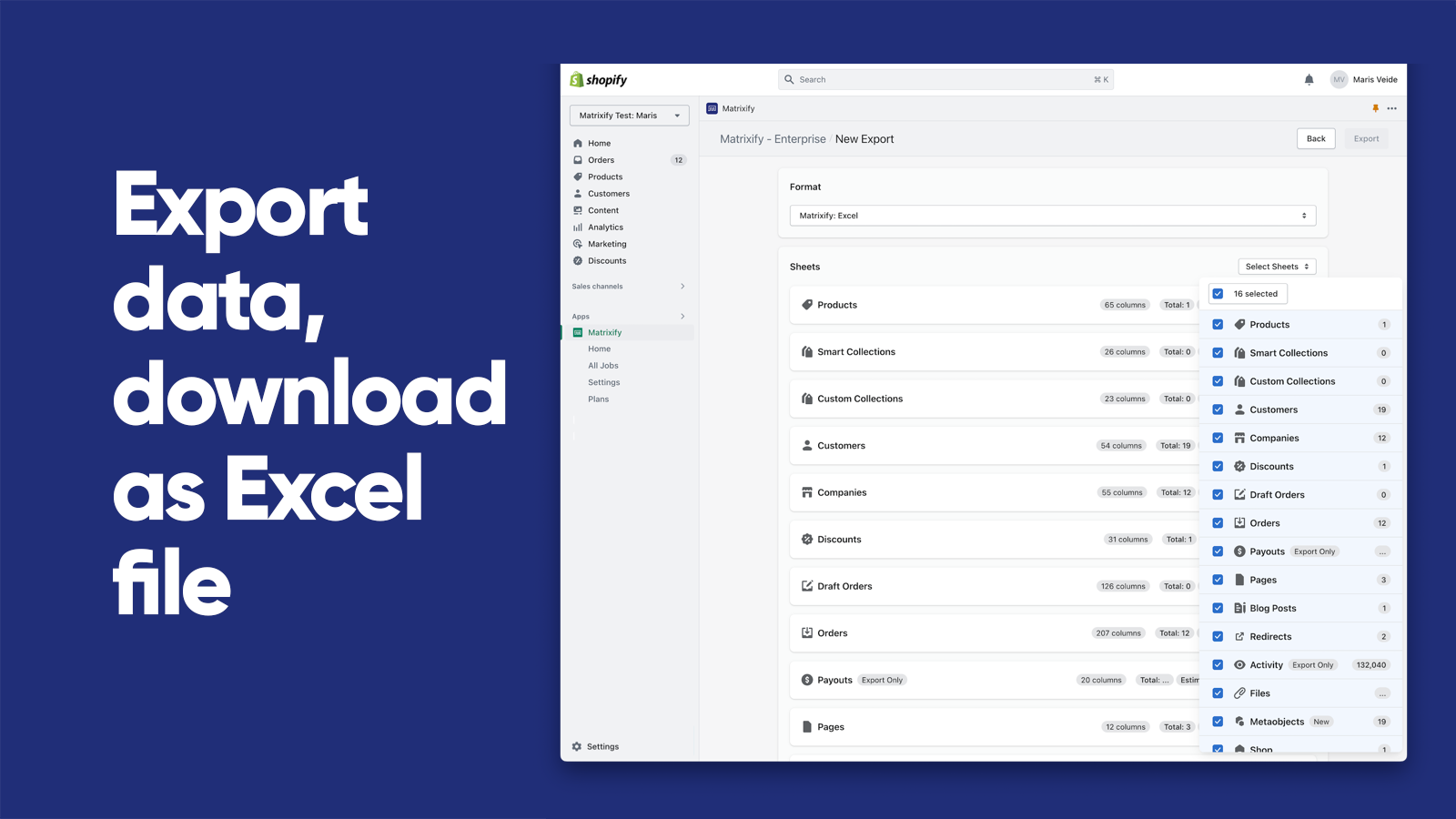 Matrixify - Export Excel de toutes les donnees Shopify en masse