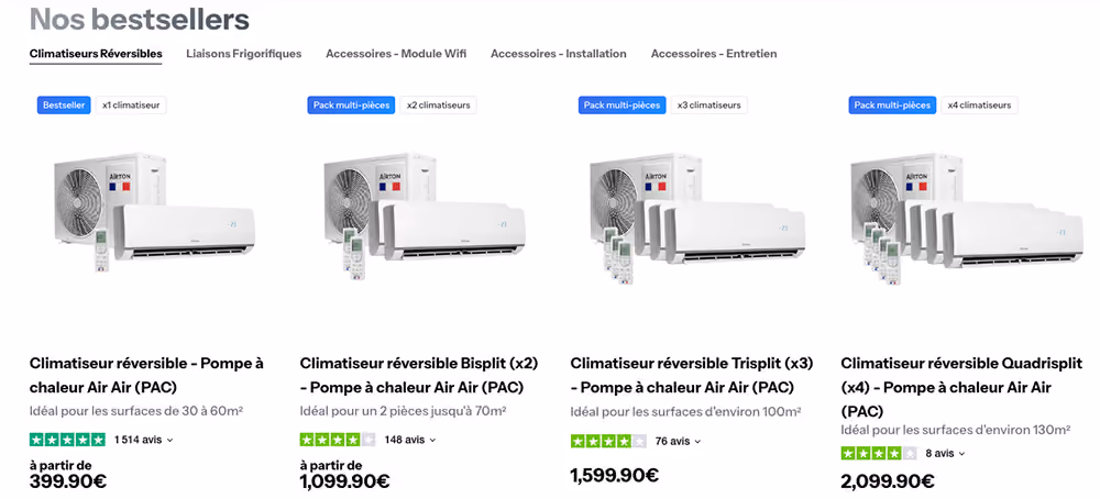 Page produit Airton avec fiches techniques et prix B2B sur Shopify Plus Artich.io