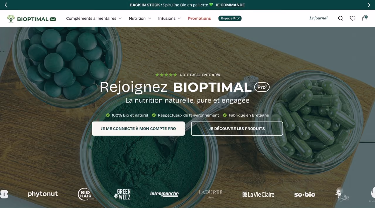 Bioptimal sur Shopify après migration WooCommerce et activation B2B par Artich.io