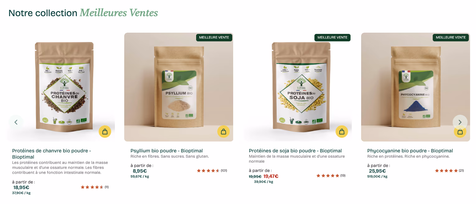 Tunnel d'achat Bioptimal optimisé en Shopify avec connexion Shippingbo et B2B
