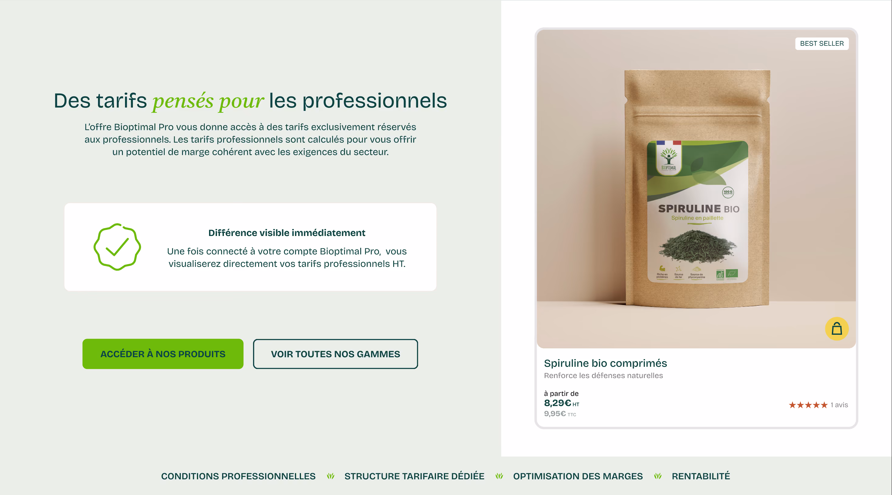 Page d'accueil Bioptimal sur Shopify avec dimension B2B par Artich.io agence