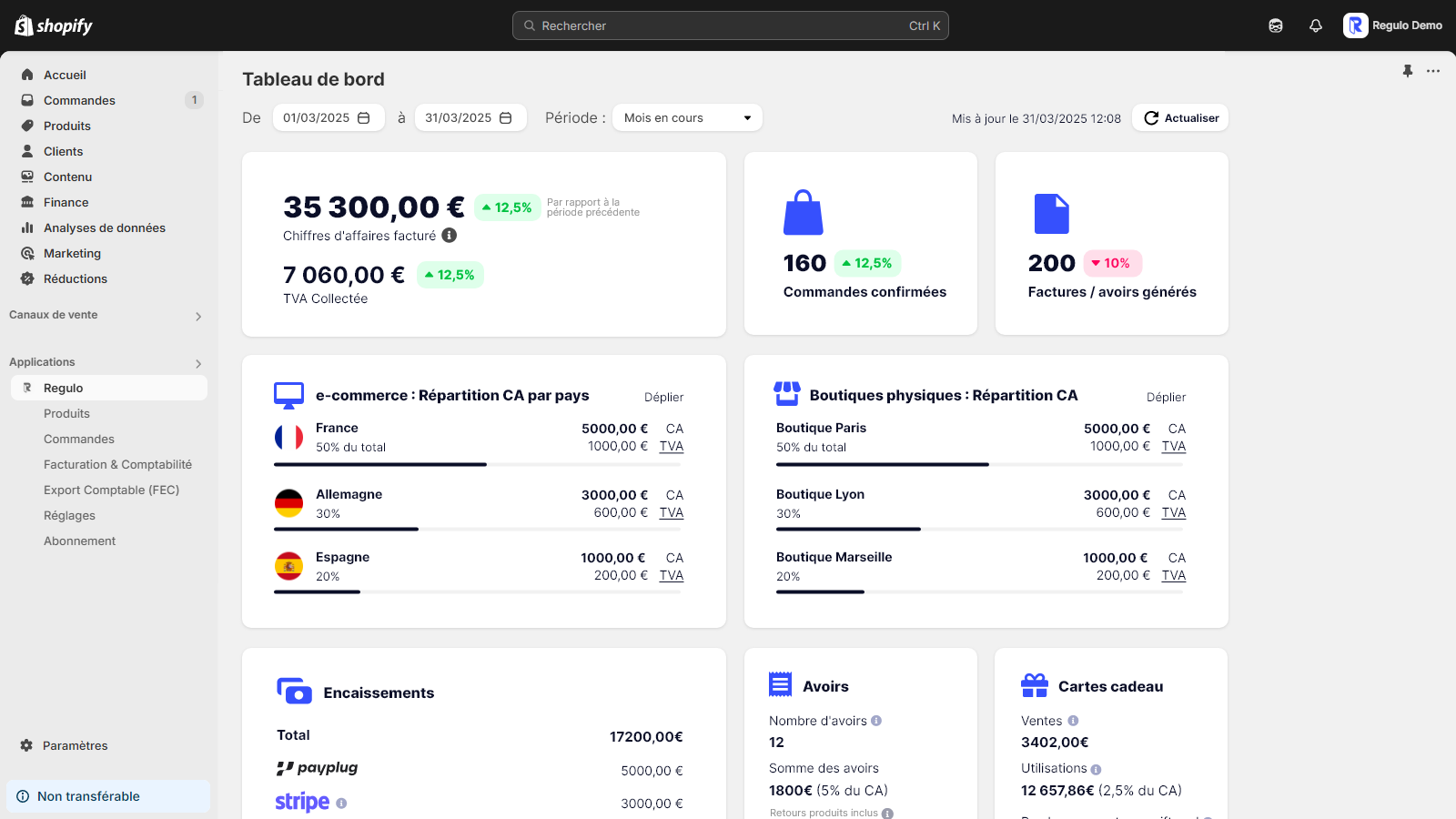 Regulo - Dashboard export FEC Shopify
