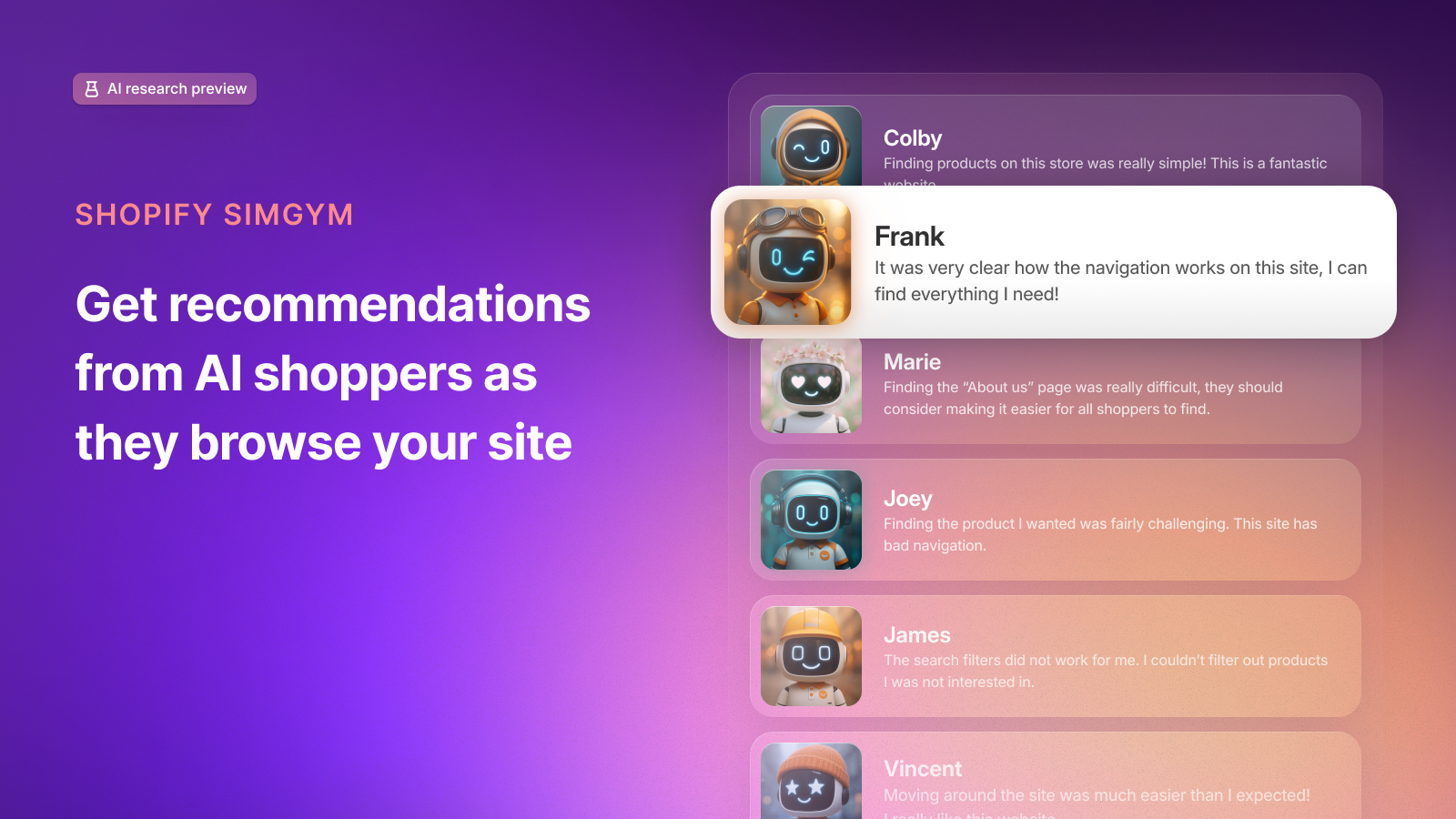 Shopify SimGym - retour des shoppers IA sur la navigation et l'utilisabilité du site