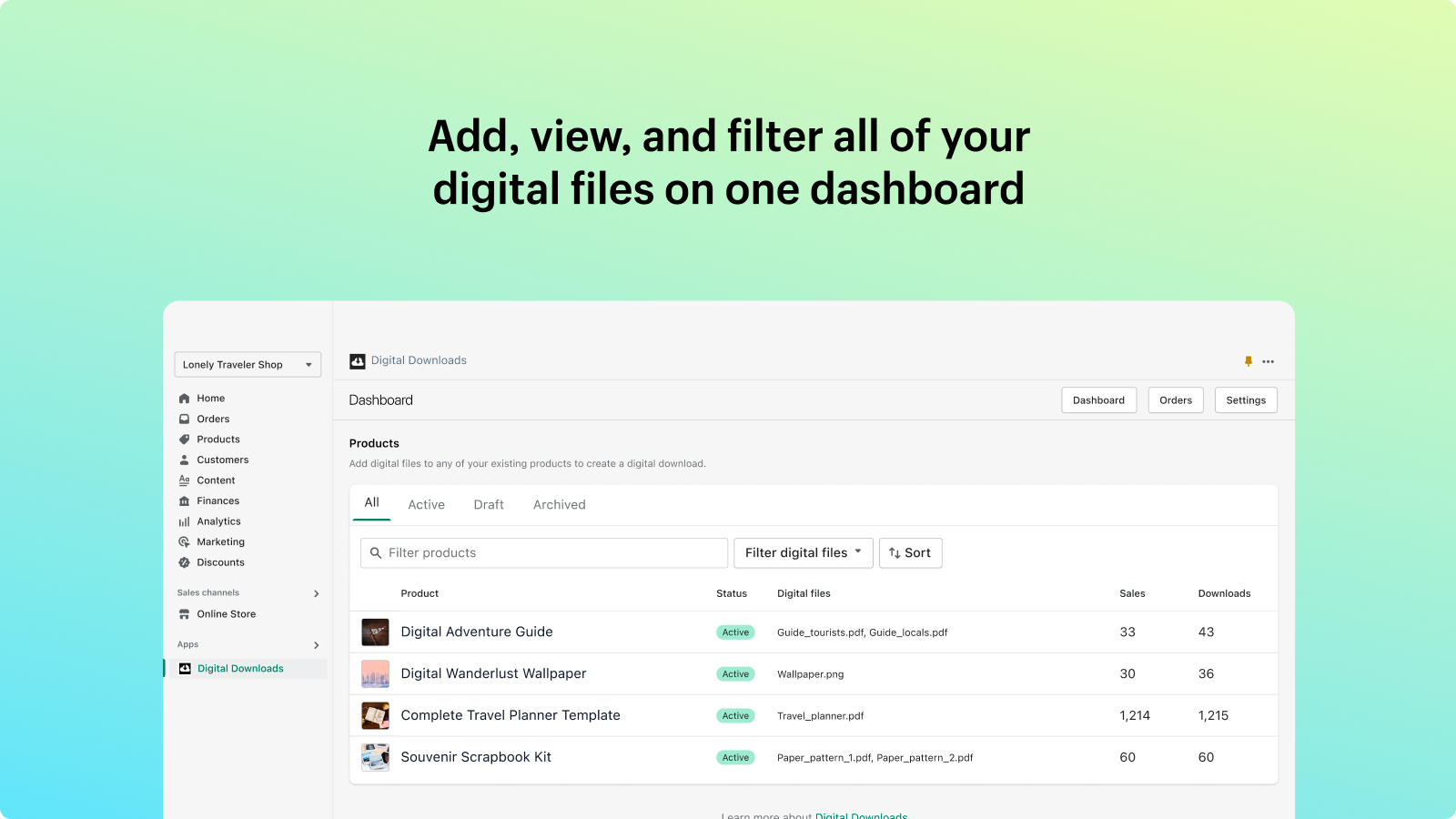 Digital Downloads - tableau de bord de gestion des fichiers numériques sur Shopify