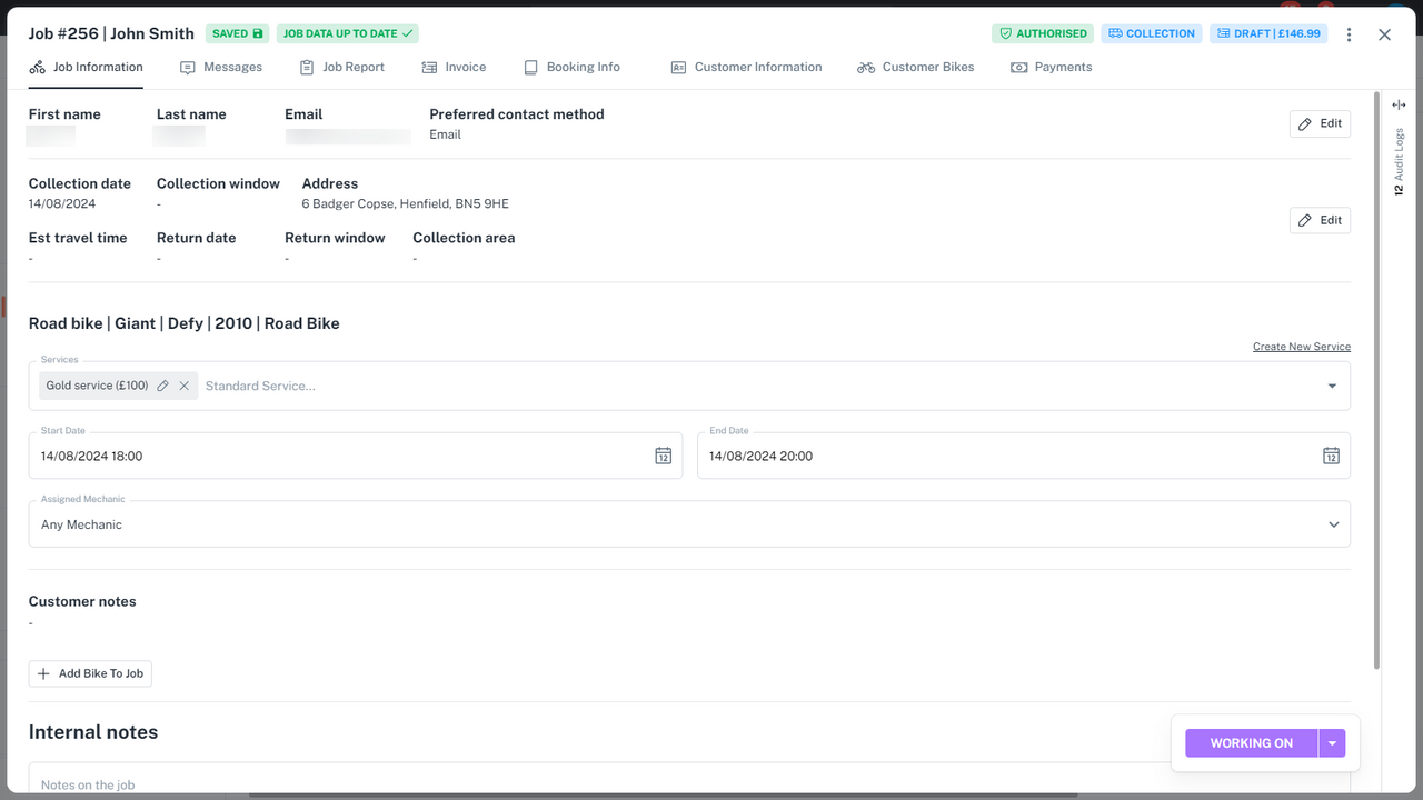 Workshop by Bikebook — vue job et suivi des tickets de réparation dans Shopify