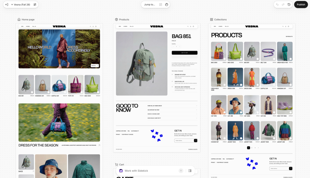 Shopify Canvas : vue d'ensemble des templates Accueil, Produits et Collections côte à côte (capture Shopify Help Center)