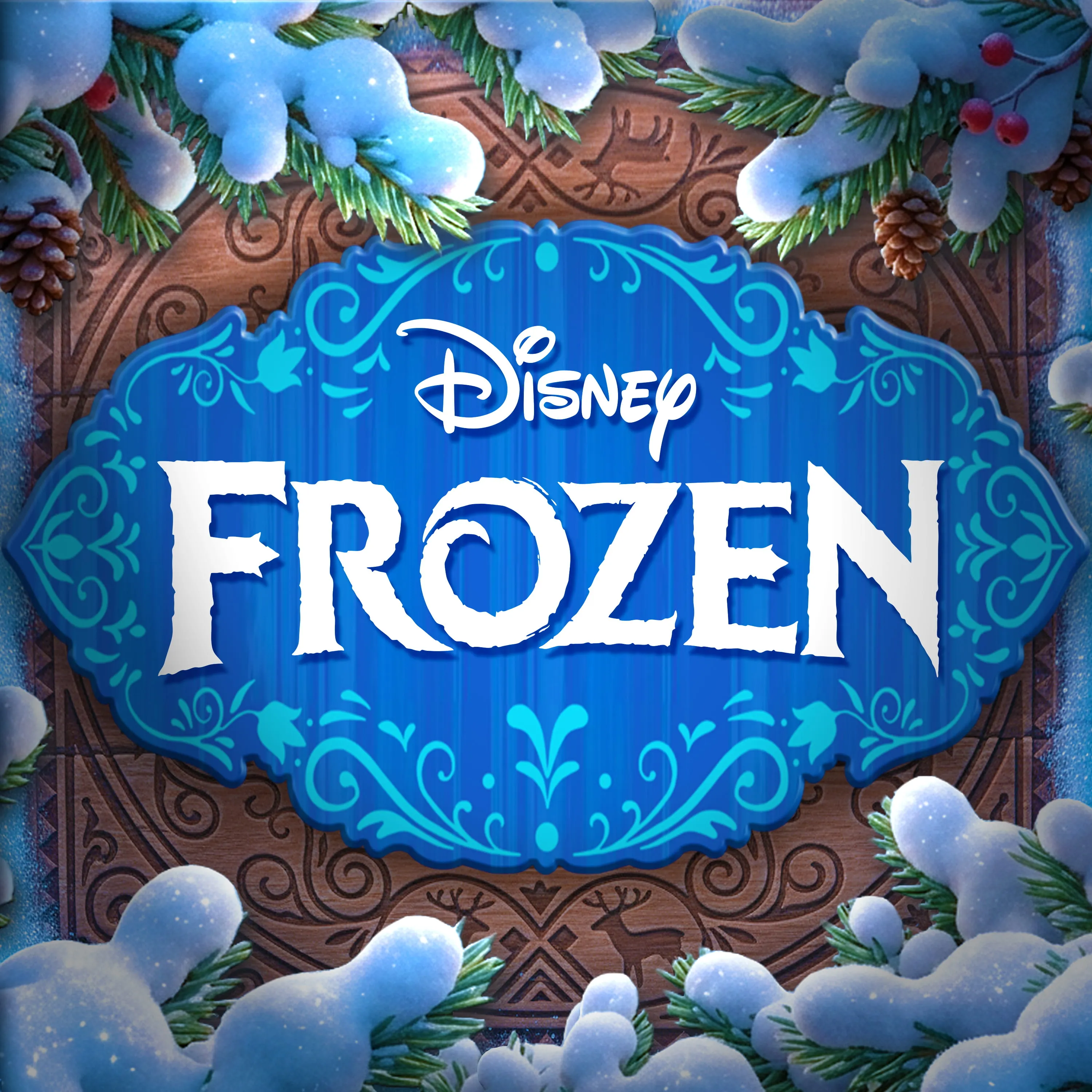 Disney Frozen logo in white text on a blue ornate sign surrounded by snow-covered pine branches and pinecones.