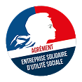 Logo circulaire avec un profil blanc d'une personne regardant vers la droite, fond bleu à gauche et rouge à droite, avec le texte « ACGRÉMENT ENTREPRISE SOLIDAIRE D’UTILITÉ SOCIALE » en bas.