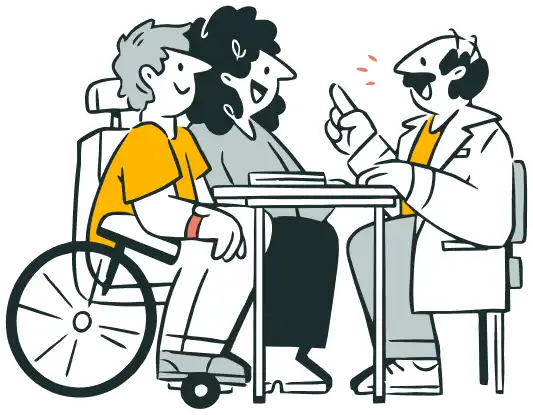 Un patient en fauteuil roulant et une accompagnante discutent avec un professionnel de santé assis à une table.
