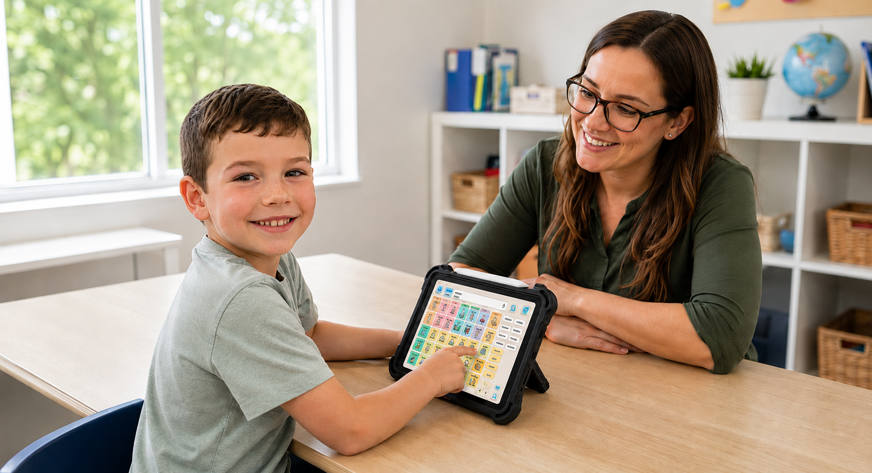 Un jeune garçon souriant utilise l'application JIB Pad sur une tablette tactile posée sur une table, accompagné d'une professionnelle assise à côté de lui, dans une salle de classe lumineuse.