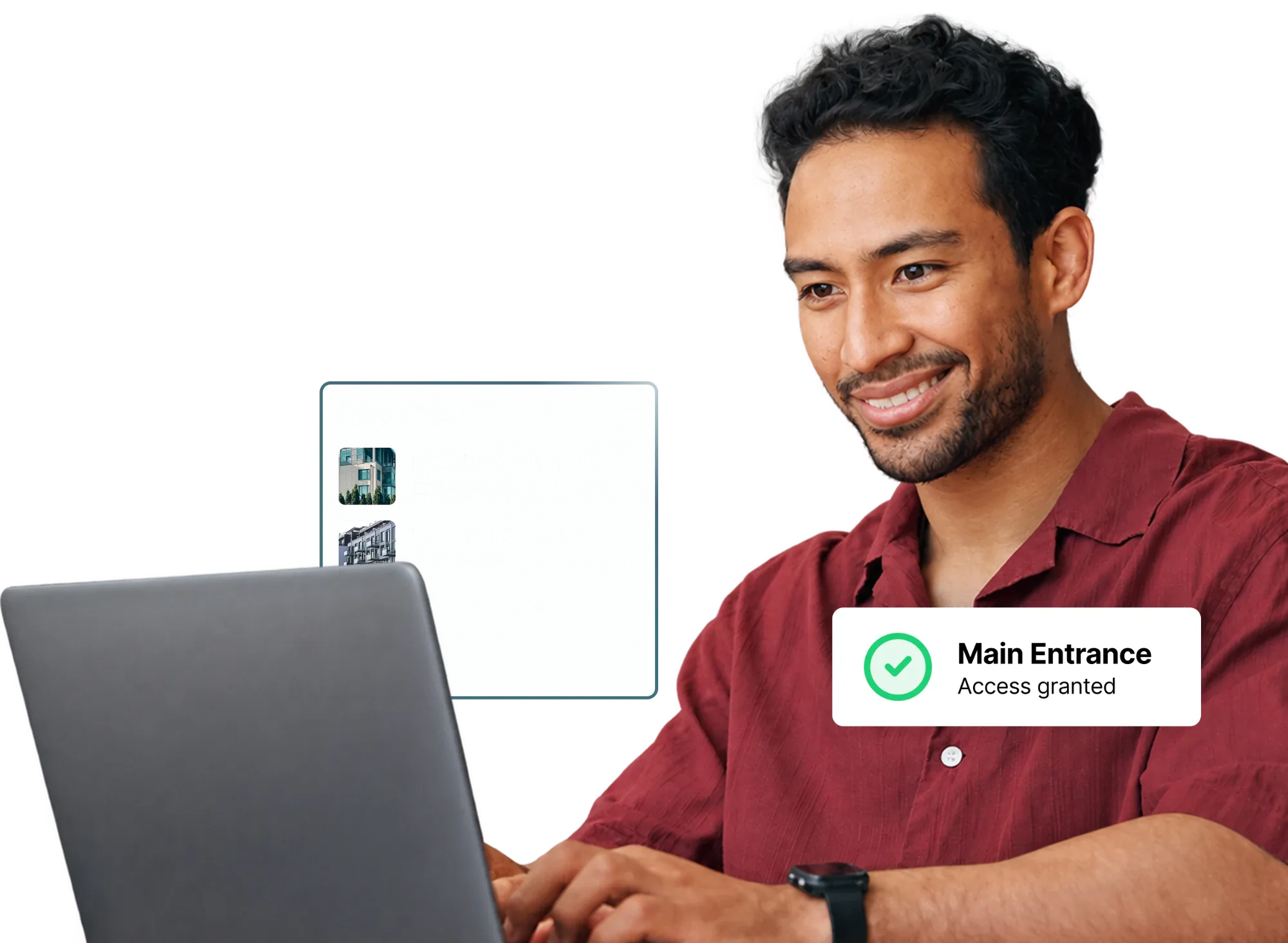 Property manager using RemoteLock on a laptop, with property and door event cards