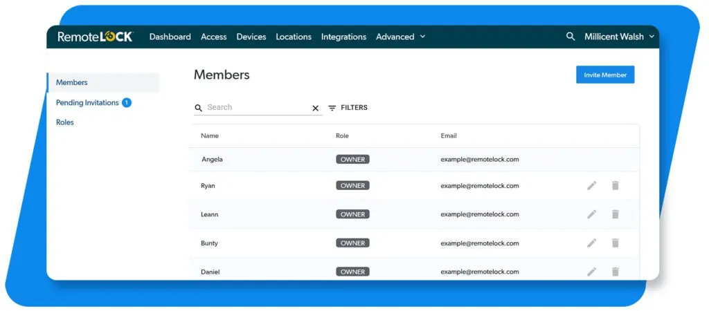 RemoteLock Software screenshot showing the Members and Roles screen where you can share your account or devices.