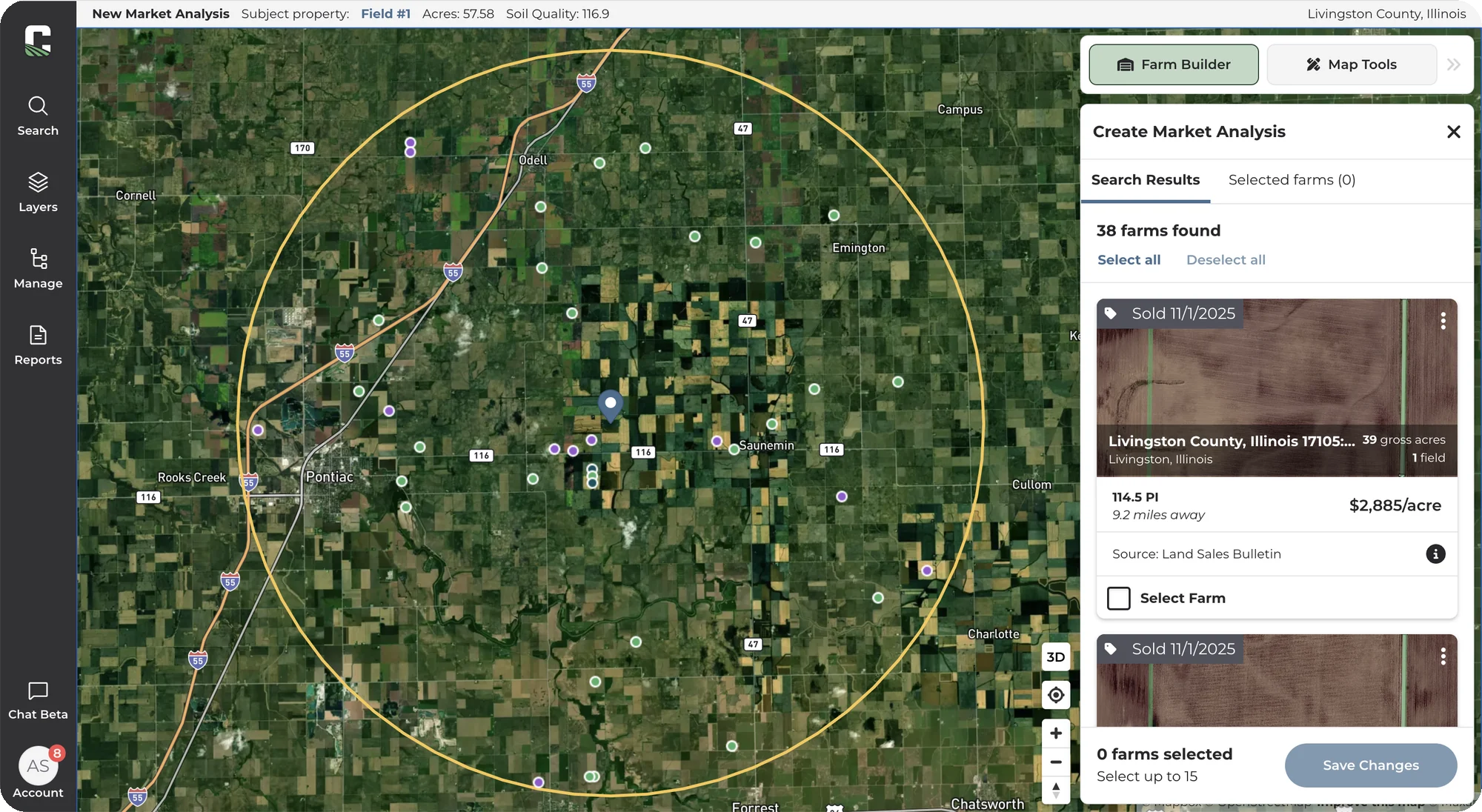 CamoAg Create Market Analysis view: a 10-mile radius around a subject farm in Livingston County, Illinois, with recent sold farms marked on the map and listed with price per acre