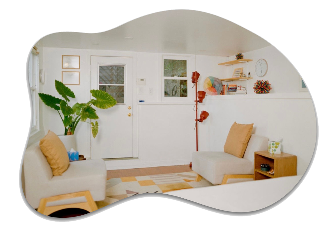 Interior view of Jaye's practice space. Two comfy chairs facing each other in a clean room with white walls, a decorative carpet, and a plant. 