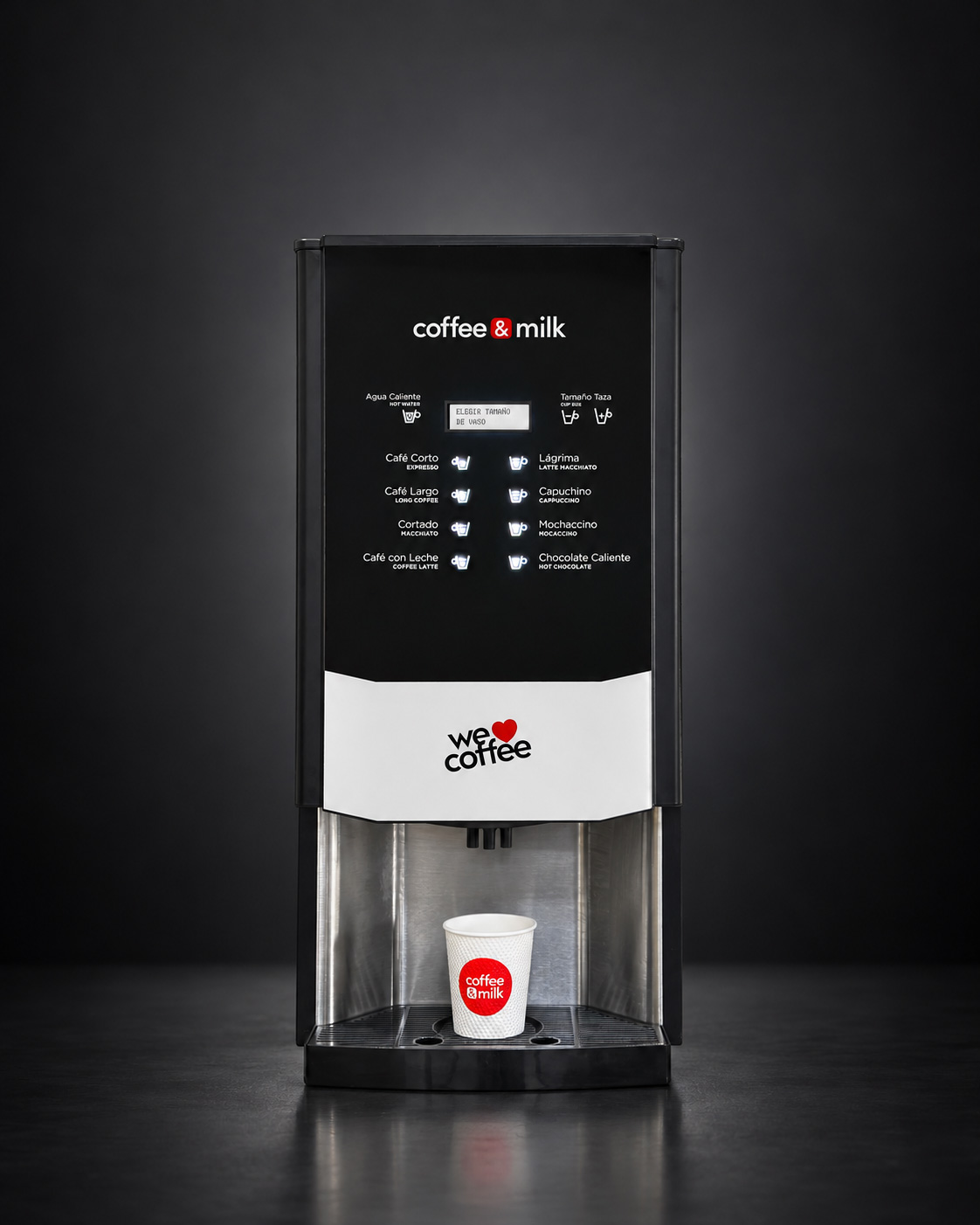 Máquina expendedora de café Adriático de Coffee & Milk con botones táctiles iluminados y vaso servido
