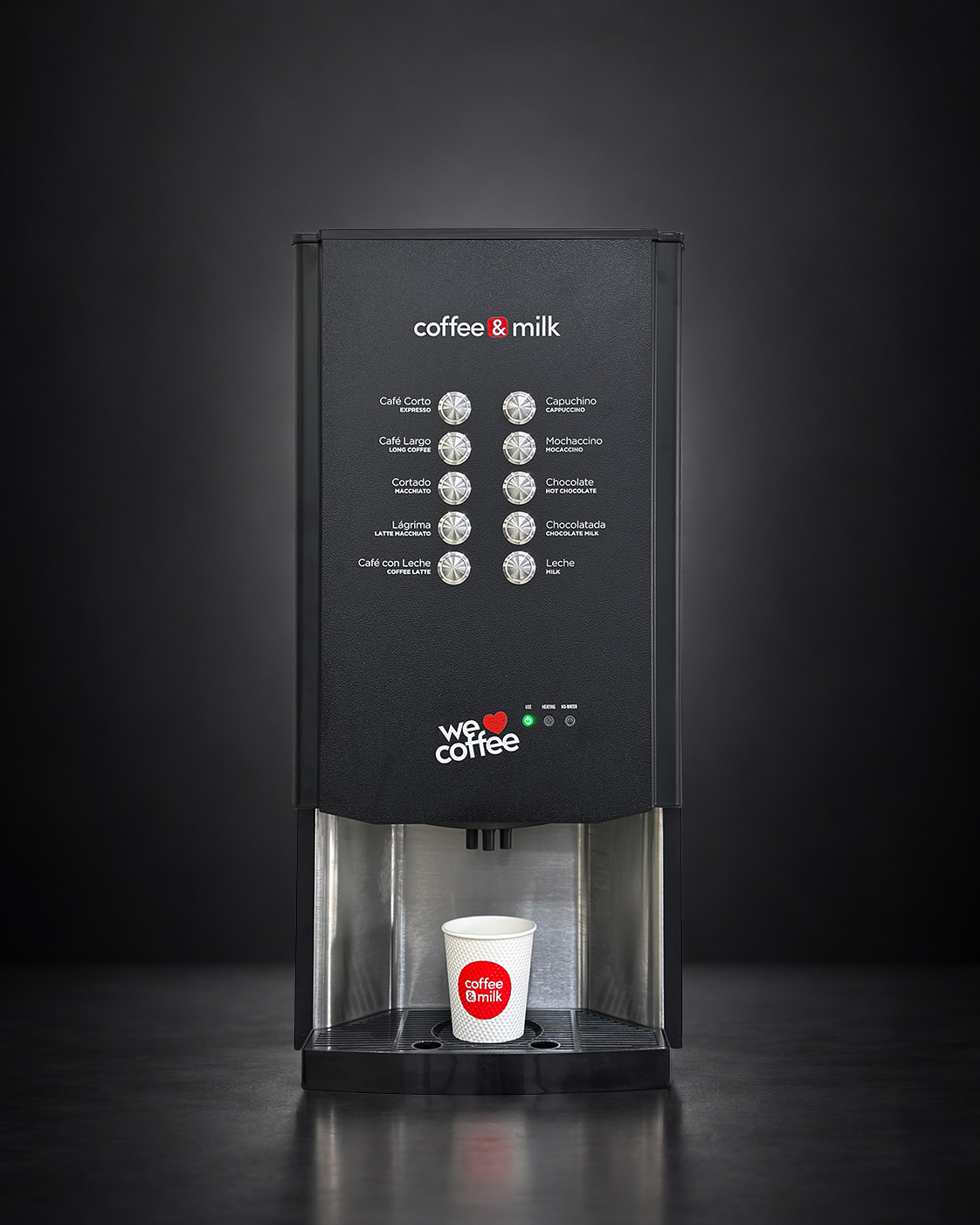 Máquina expendedora de café Báltico de Coffee & Milk con botonera metálica de 10 bebidas y vaso servido