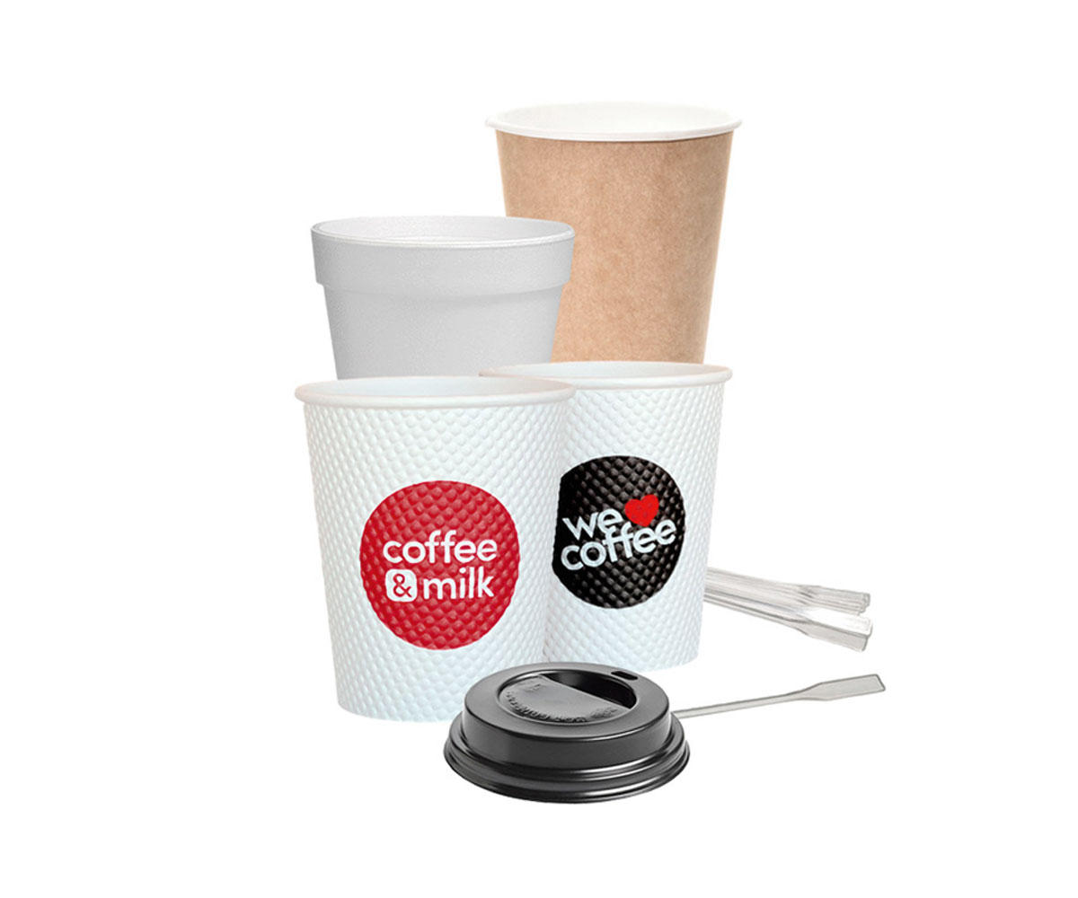 Vasos descartables Coffee & Milk, vaso térmico, tapa y removedores