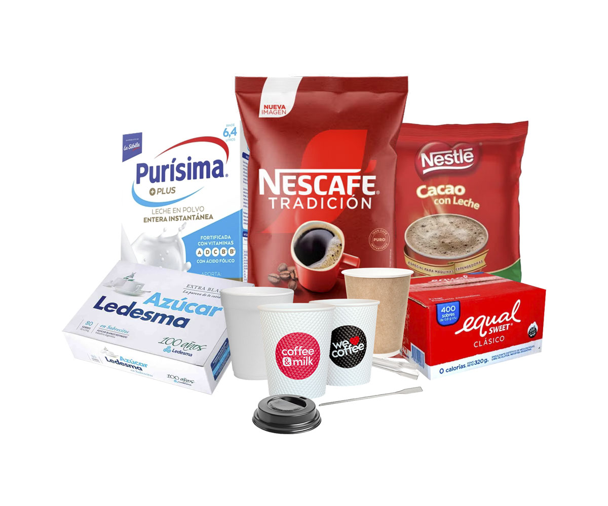 Kit de insumos Coffee & Milk: café, leche, cacao, azúcar, edulcorante, vasos, tapa y removedores